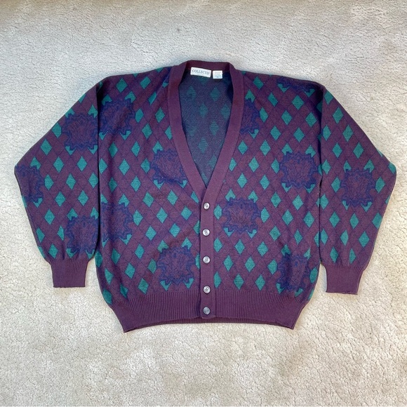 [XL] COLLECTIF MADE IN ITALY VTG Wool Blend Cardigan Maroon Green Sweater - Picture 1 of 7